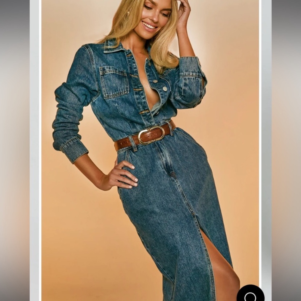 Showpo Blue Denim Dress with Tan Belt